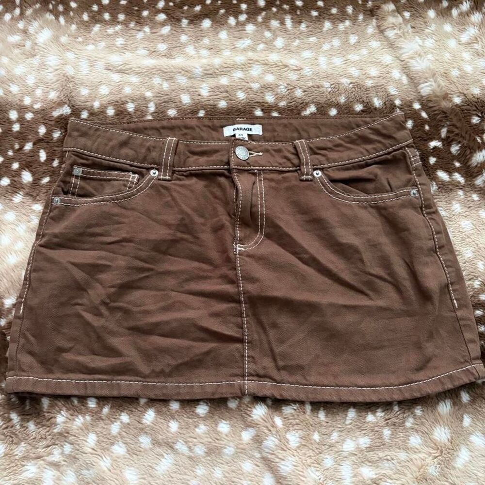Garage brown mini skirt with white stitching in a S